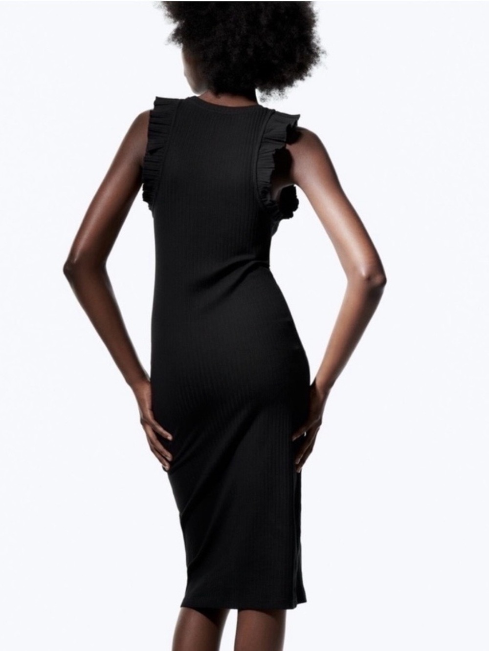 NWT Zara Black Ruffle Ribbed Dress - Picture 2 of 4